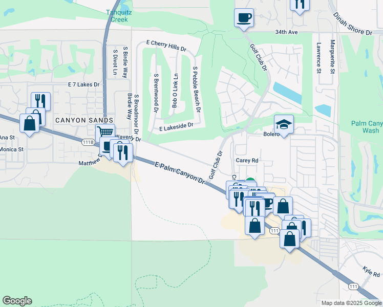 map of restaurants, bars, coffee shops, grocery stores, and more near 5300 East Waverly Drive in Palm Springs