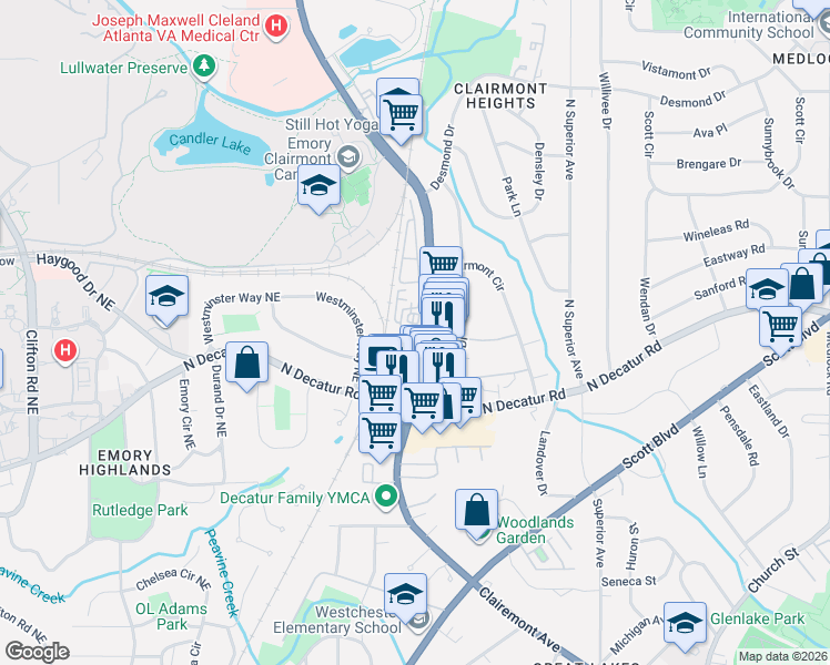 map of restaurants, bars, coffee shops, grocery stores, and more near Ladson Court in Decatur