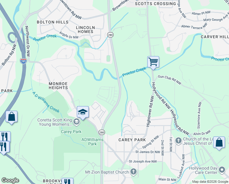 map of restaurants, bars, coffee shops, grocery stores, and more near 1692 James Jackson Pkwy NW in Atlanta