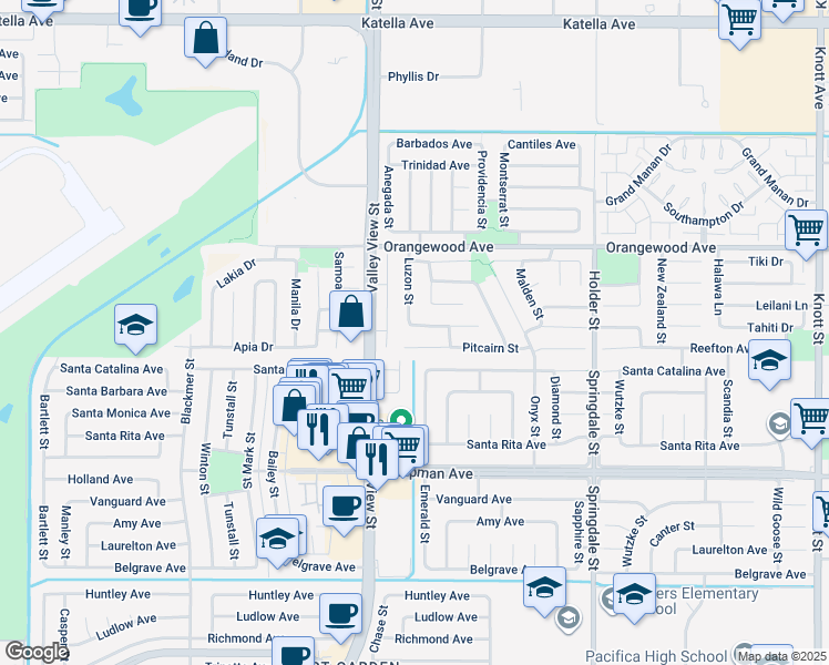 map of restaurants, bars, coffee shops, grocery stores, and more near 6056 Palau Street in Cypress