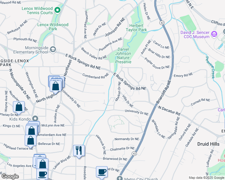 map of restaurants, bars, coffee shops, grocery stores, and more near 1295 E Rock Springs Road Northeast in Atlanta