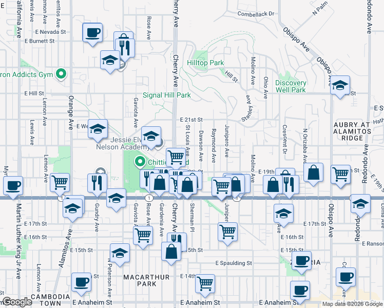 map of restaurants, bars, coffee shops, grocery stores, and more near 2205 East 20th Street in Signal Hill