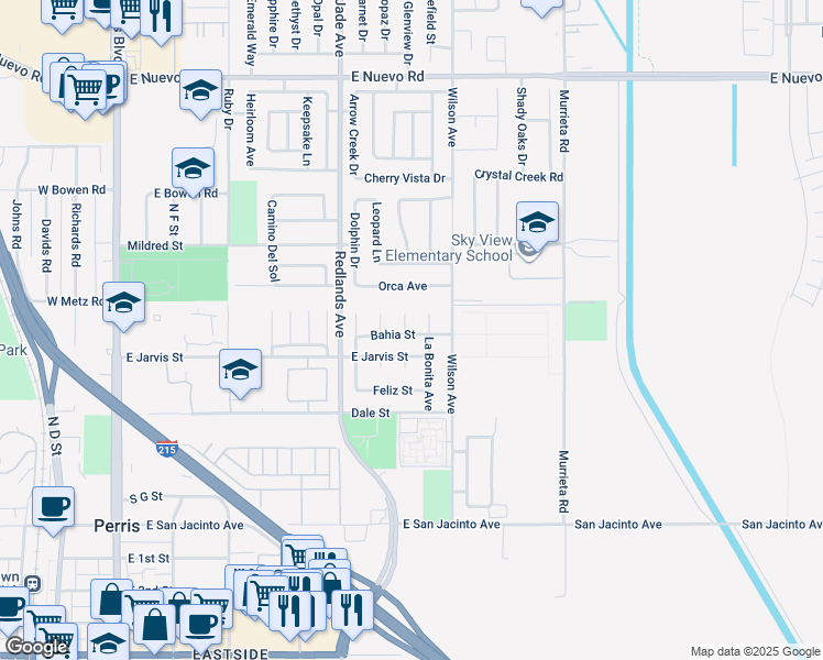 map of restaurants, bars, coffee shops, grocery stores, and more near 699 Manecita Circle in Perris
