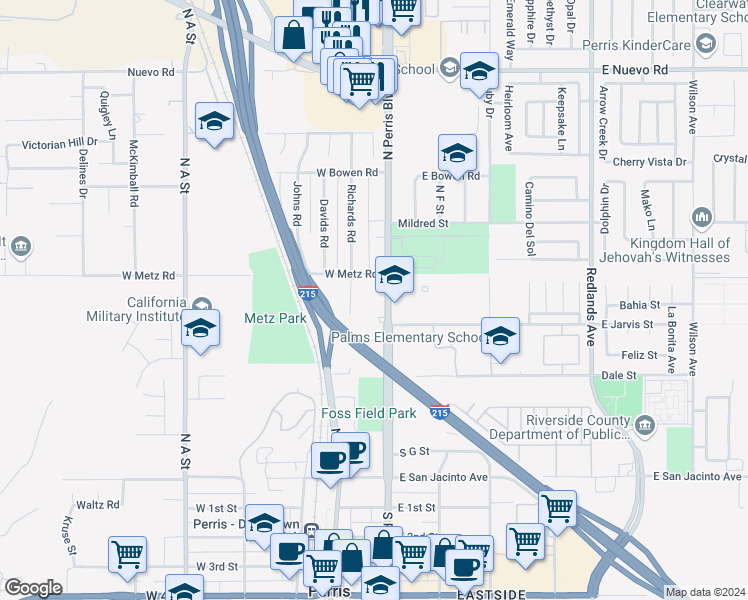 map of restaurants, bars, coffee shops, grocery stores, and more near North Perris Boulevard in Perris