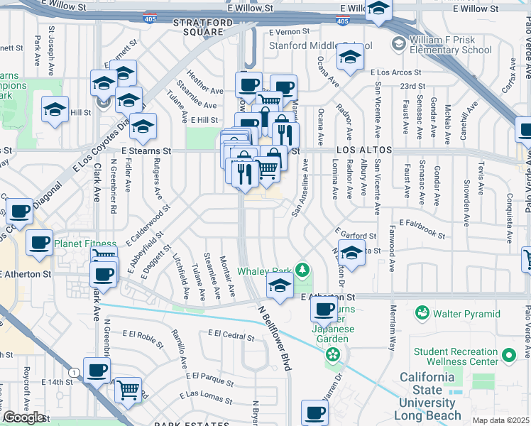 map of restaurants, bars, coffee shops, grocery stores, and more near 5549 East Daggett Street in Long Beach