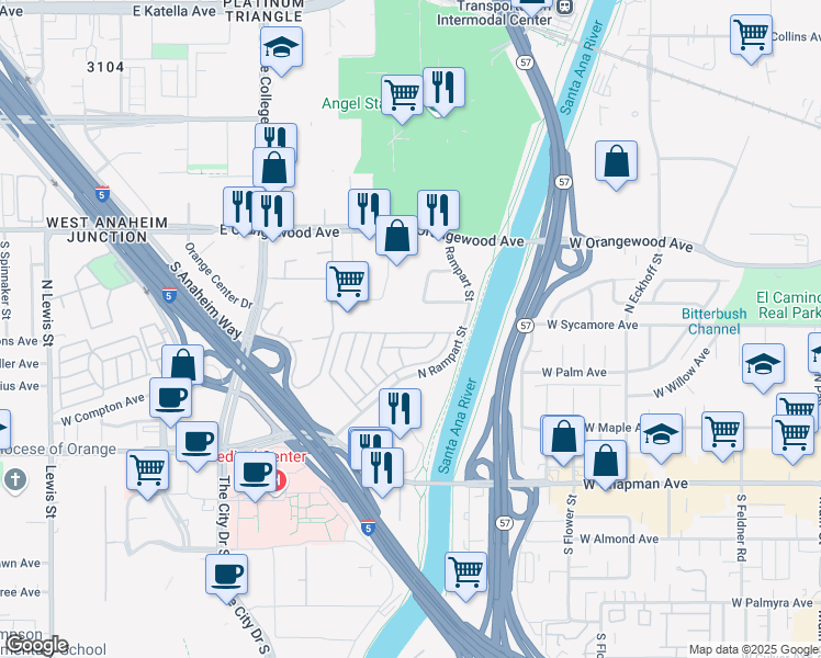 map of restaurants, bars, coffee shops, grocery stores, and more near 300 North Rampart Street in Orange