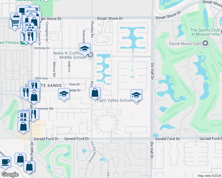 map of restaurants, bars, coffee shops, grocery stores, and more near 2 Lake Tahoe Drive in Rancho Mirage