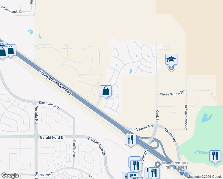 map of restaurants, bars, coffee shops, grocery stores, and more near 35235 Sand Rock Road in Thousand Palms