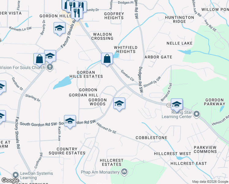 map of restaurants, bars, coffee shops, grocery stores, and more near 250 South Gordon Road Southwest in Mableton