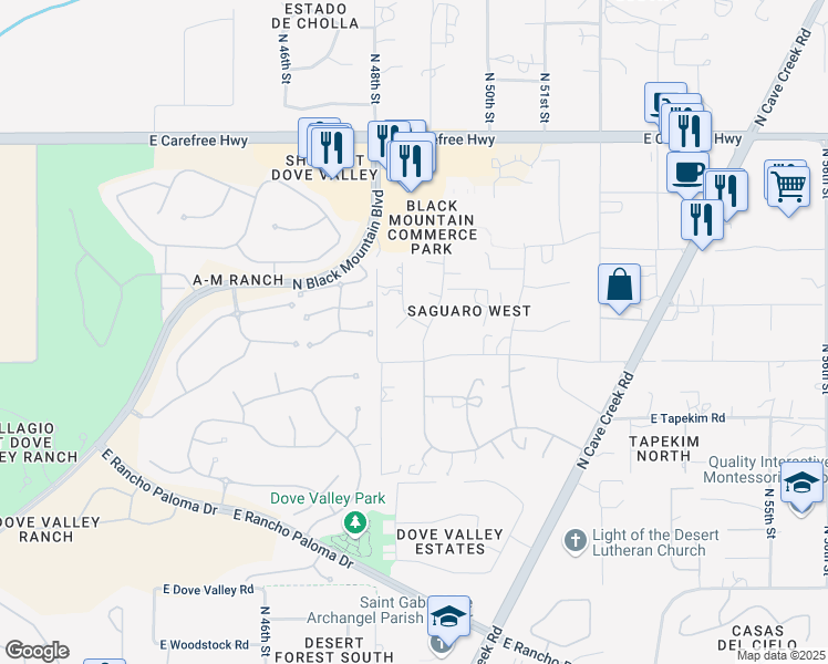 map of restaurants, bars, coffee shops, grocery stores, and more near 4827 Mustang Circle in Cave Creek