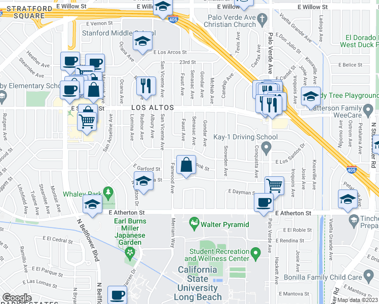 map of restaurants, bars, coffee shops, grocery stores, and more near 6020 East Los Santos Drive in Long Beach