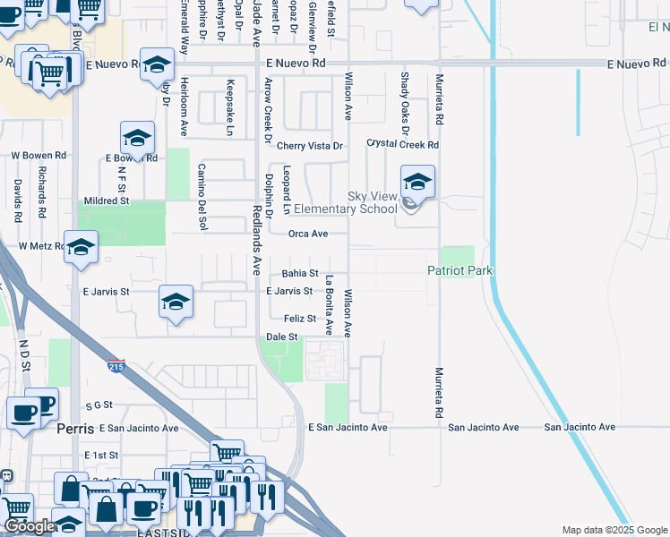 map of restaurants, bars, coffee shops, grocery stores, and more near 699 La Bonita Avenue in Perris
