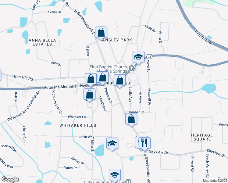 map of restaurants, bars, coffee shops, grocery stores, and more near 6655 South Sweetwater Road in Lithia Springs