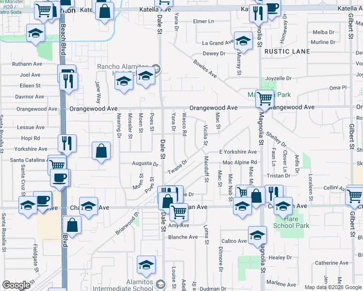 map of restaurants, bars, coffee shops, grocery stores, and more near 11681 Wasco Road in Garden Grove