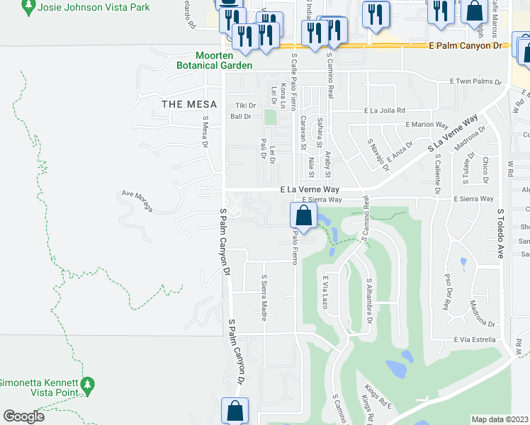 map of restaurants, bars, coffee shops, grocery stores, and more near 2163 South Vía Mazatlan in Palm Springs