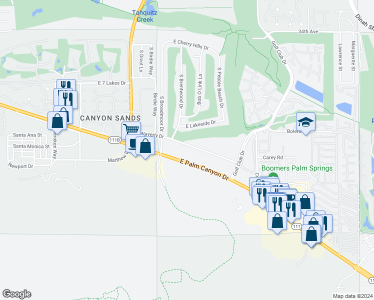 map of restaurants, bars, coffee shops, grocery stores, and more near 5300 East Waverly Drive in Palm Springs