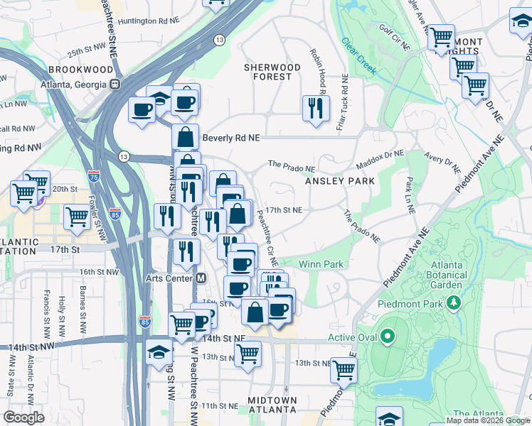 map of restaurants, bars, coffee shops, grocery stores, and more near 123 Peachtree Circle Northeast in Atlanta