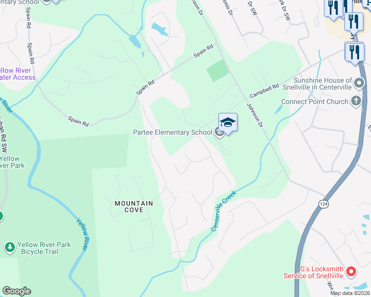map of restaurants, bars, coffee shops, grocery stores, and more near 4429 Campbell Road in Snellville