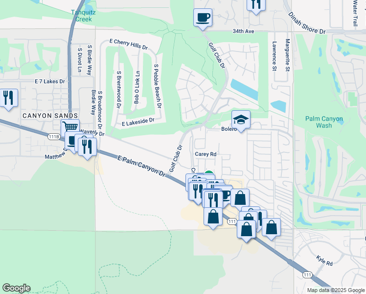 map of restaurants, bars, coffee shops, grocery stores, and more near 2601 Golf Club Drive in Palm Springs
