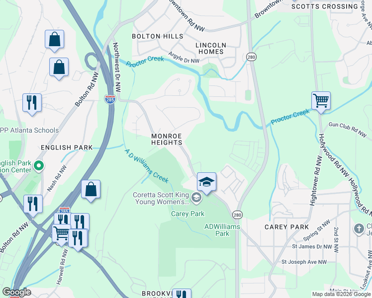 map of restaurants, bars, coffee shops, grocery stores, and more near 1345 Northwest Drive Northwest in Atlanta