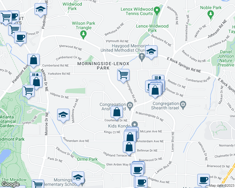 map of restaurants, bars, coffee shops, grocery stores, and more near 1414 North Morningside Drive Northeast in Atlanta