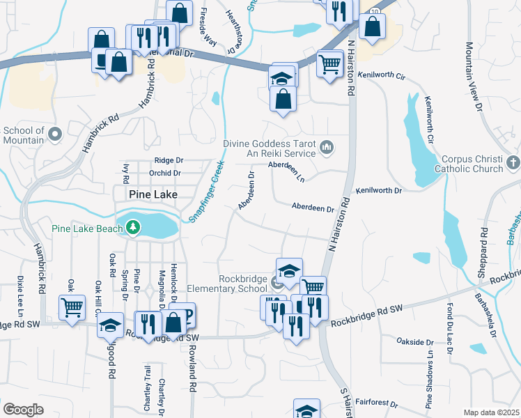 map of restaurants, bars, coffee shops, grocery stores, and more near 571 Aberdeen Drive in Stone Mountain