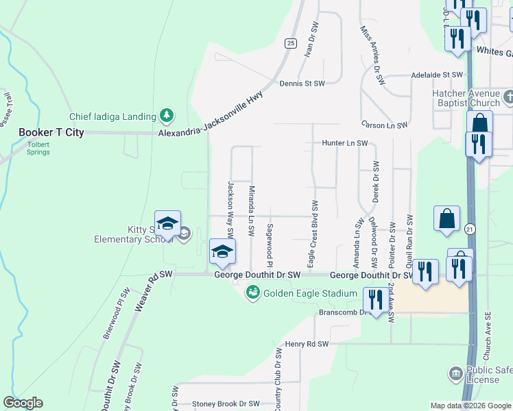 map of restaurants, bars, coffee shops, grocery stores, and more near 1102 Miranda Lane South West in Jacksonville
