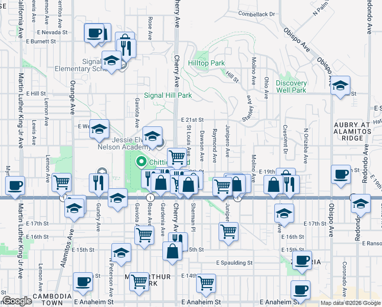 map of restaurants, bars, coffee shops, grocery stores, and more near 1970 Saint Louis Avenue in Signal Hill