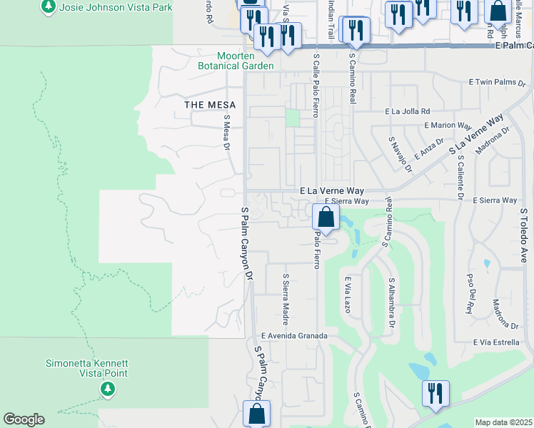 map of restaurants, bars, coffee shops, grocery stores, and more near 251 East La Verne Way in Palm Springs