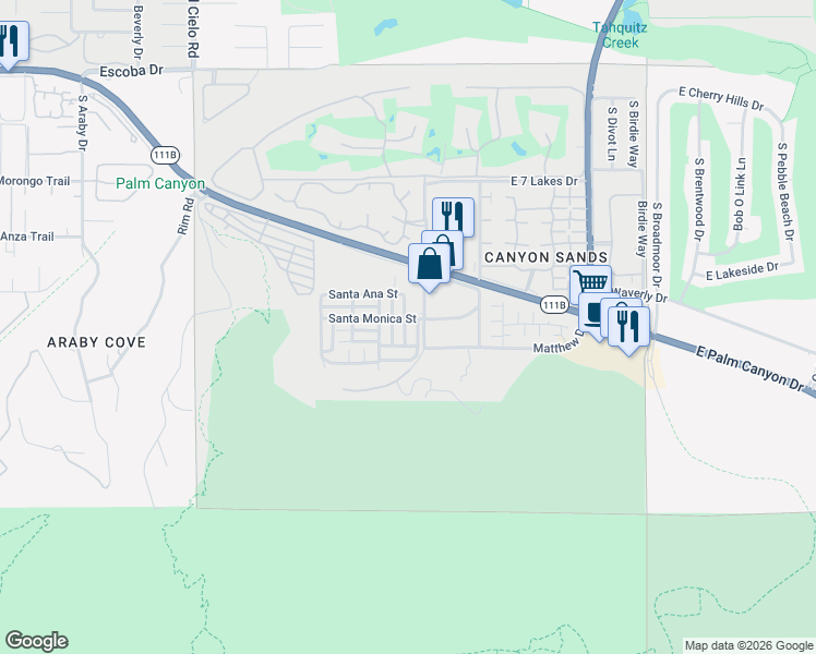 map of restaurants, bars, coffee shops, grocery stores, and more near 192 Malibu Drive in Palm Springs