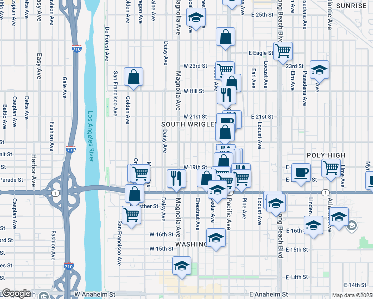 map of restaurants, bars, coffee shops, grocery stores, and more near 1970 Henderson Avenue in Long Beach