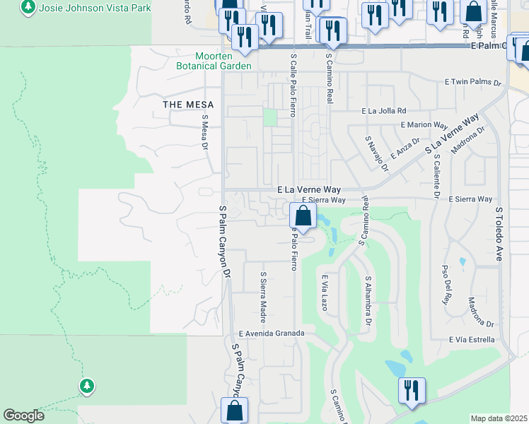 map of restaurants, bars, coffee shops, grocery stores, and more near 2163 South Vía Mazatlan in Palm Springs