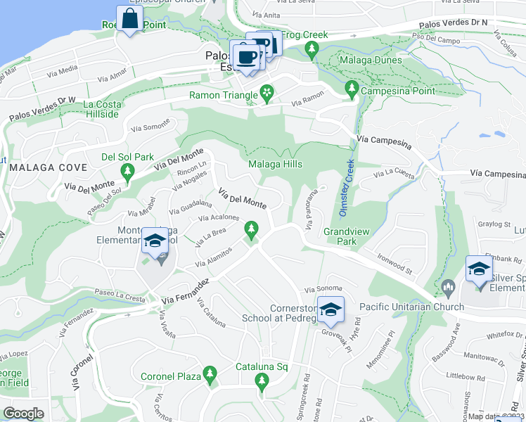 map of restaurants, bars, coffee shops, grocery stores, and more near 961 Vía Del Monte in Palos Verdes Estates