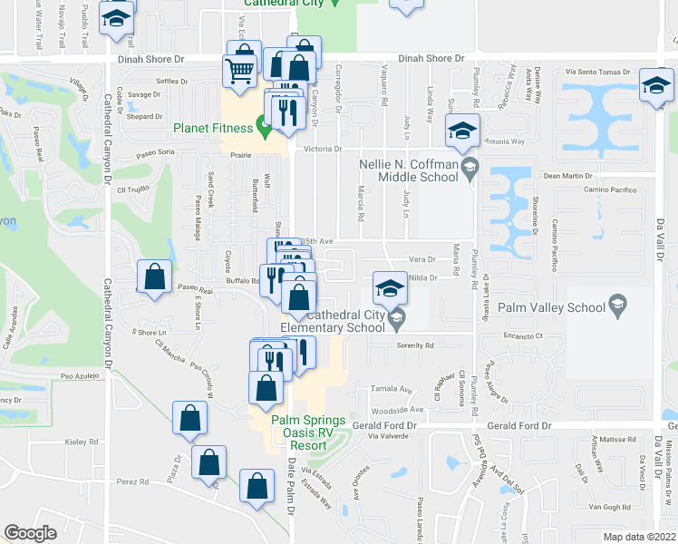 map of restaurants, bars, coffee shops, grocery stores, and more near 5 Oasis Drive South in Cathedral City