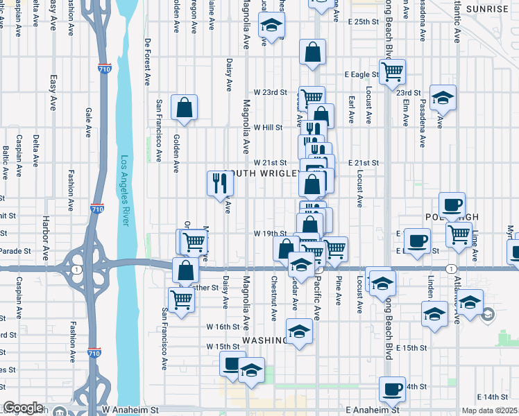 map of restaurants, bars, coffee shops, grocery stores, and more near 1970 Henderson Avenue in Long Beach