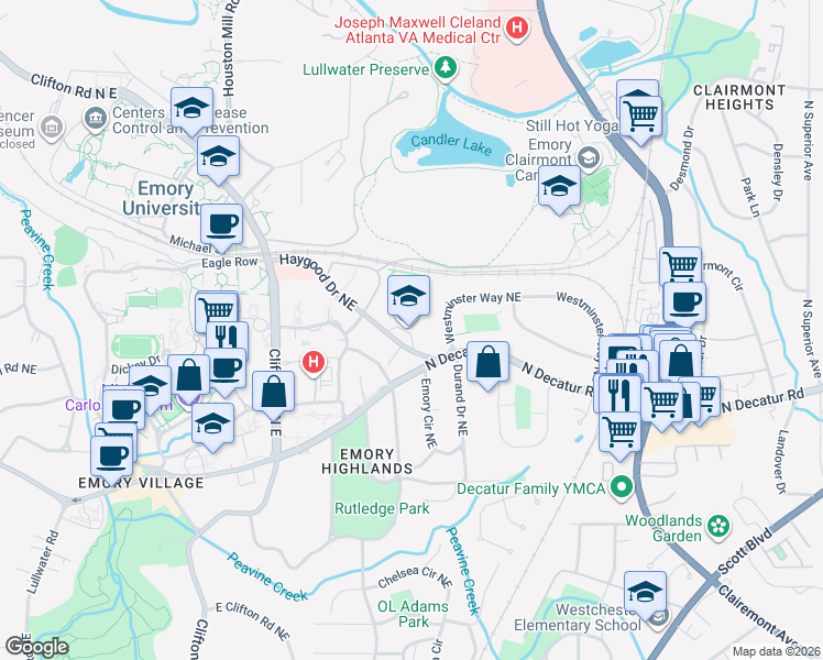 map of restaurants, bars, coffee shops, grocery stores, and more near 1798 Haygood Drive Northeast in Atlanta