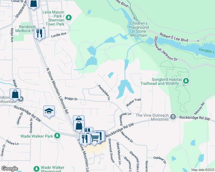 map of restaurants, bars, coffee shops, grocery stores, and more near 589 Catrina Court in Stone Mountain