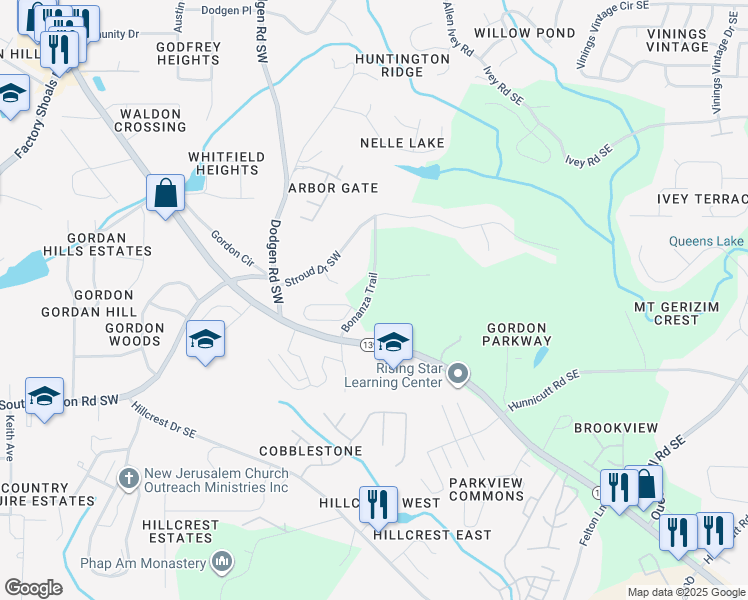 map of restaurants, bars, coffee shops, grocery stores, and more near 20 Hidden Court in Mableton