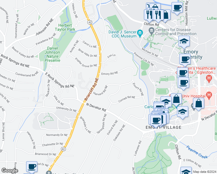 map of restaurants, bars, coffee shops, grocery stores, and more near 1355 Harvard Road Northeast in Atlanta