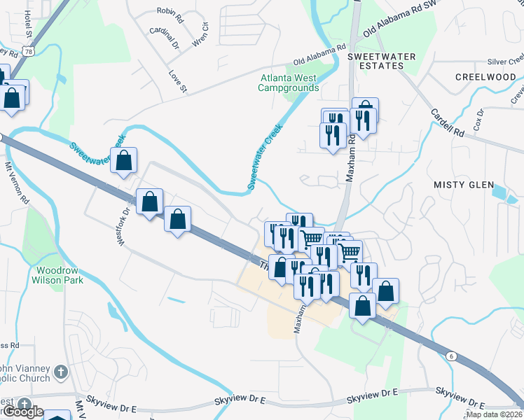map of restaurants, bars, coffee shops, grocery stores, and more near 808 Westpark Place in Lithia Springs