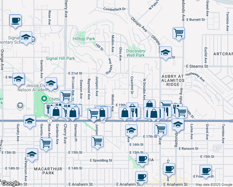 map of restaurants, bars, coffee shops, grocery stores, and more near 2604 East 20th Street in Signal Hill