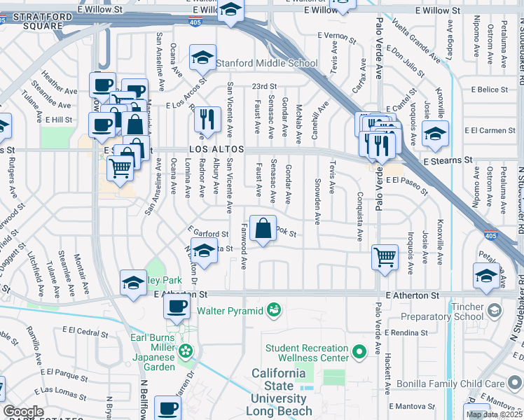 map of restaurants, bars, coffee shops, grocery stores, and more near 6000 East Los Santos Drive in Long Beach