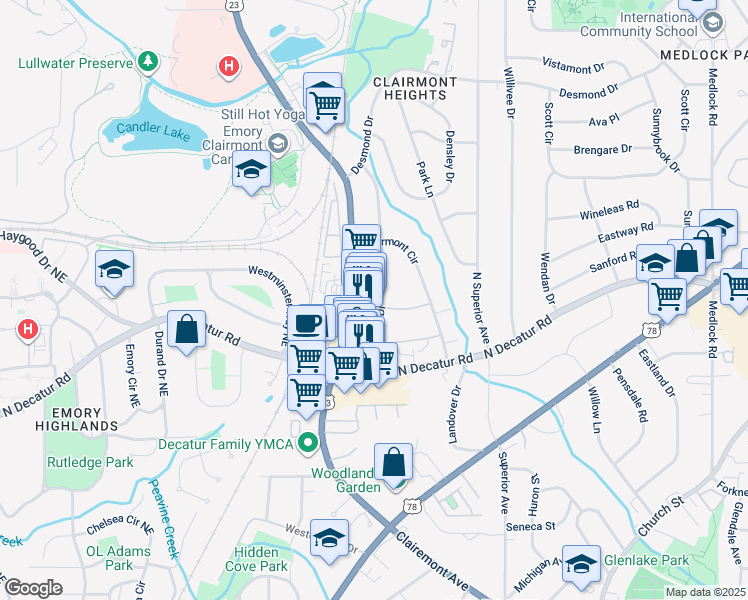 map of restaurants, bars, coffee shops, grocery stores, and more near Emory Oaks Way in Decatur