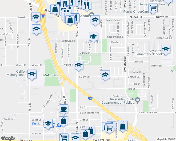 map of restaurants, bars, coffee shops, grocery stores, and more near 915 North Perris Boulevard in Perris