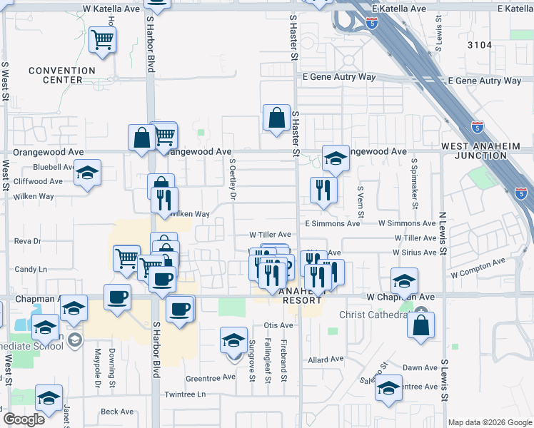 map of restaurants, bars, coffee shops, grocery stores, and more near 122 West Wilken Way in Anaheim
