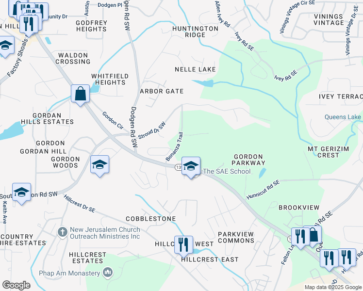map of restaurants, bars, coffee shops, grocery stores, and more near 6595 Bonanza Trail in Mableton