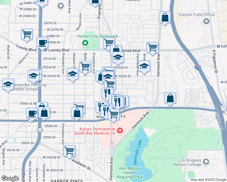 map of restaurants, bars, coffee shops, grocery stores, and more near 25424 Normandie Avenue in Los Angeles