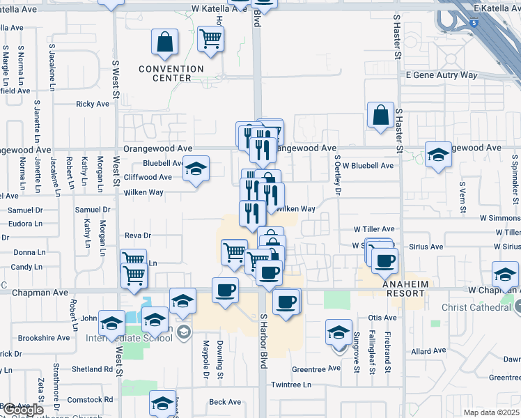 map of restaurants, bars, coffee shops, grocery stores, and more near Harbor Blvd & W Wilken Way in Anaheim