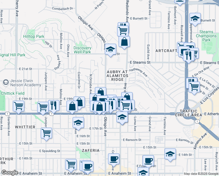 map of restaurants, bars, coffee shops, grocery stores, and more near 3247 East Grant Street in Signal Hill