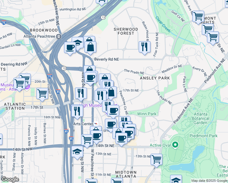 map of restaurants, bars, coffee shops, grocery stores, and more near 64 17th Street Northwest in Atlanta